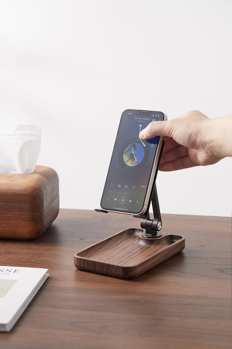 Premium Adjustable Wooden Phone & Tablet Stand with Storage Tray – Foldable Holder for Desk & Nightstand