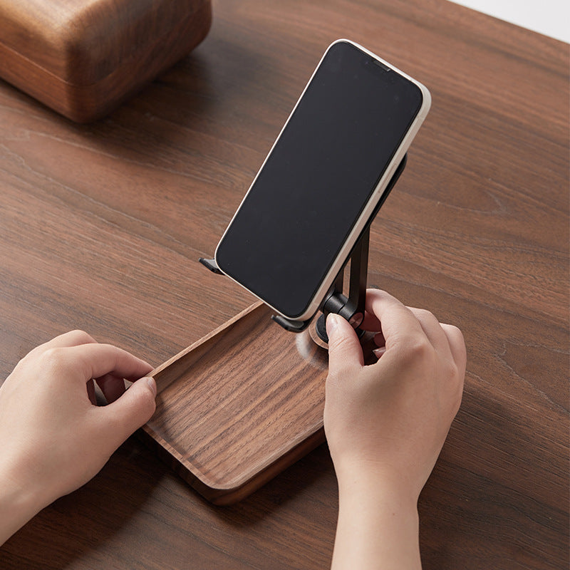 Premium Adjustable Wooden Phone & Tablet Stand with Storage Tray – Foldable Holder for Desk & Nightstand