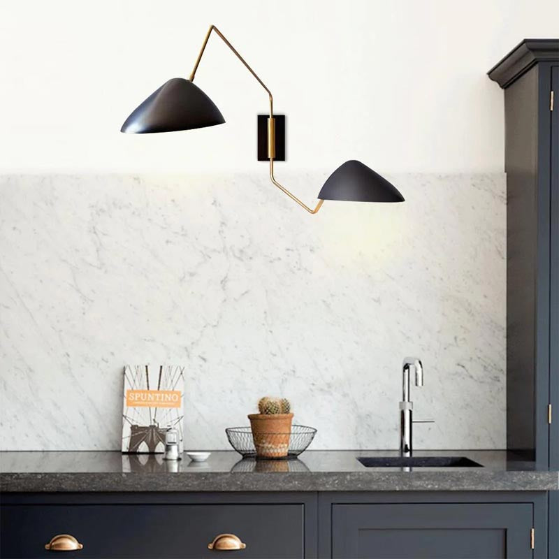 Two Arms Duckbill Wall Lamp with adjustable swing arm and asymmetrical shade in a modern living room setting.