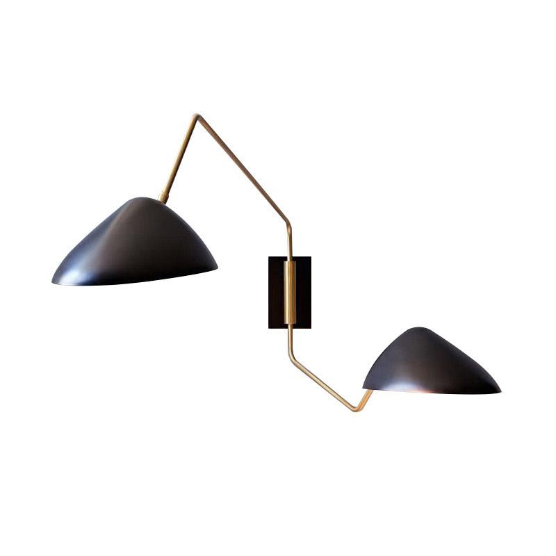 Two Arms Duckbill Wall Lamp with adjustable swing arm and asymmetrical shade in a modern living room setting.