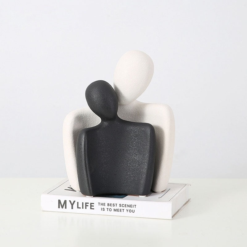 Together For Life decorative figurines featuring two abstract human forms in black and white ceramic, symbolizing love and unity. Perfect for living room decor.
