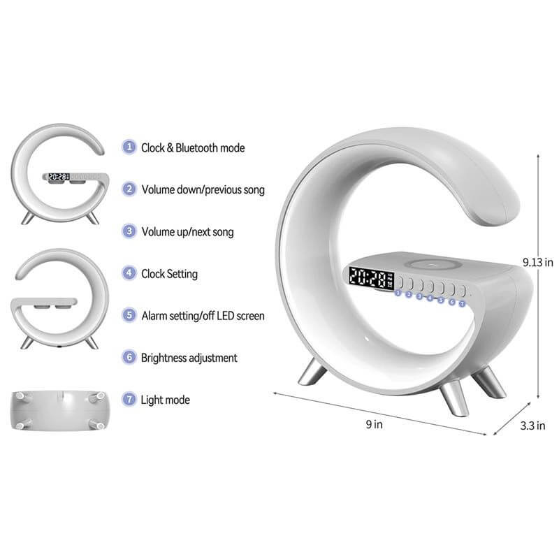 Intelligent G Night Lamp with ambient RGB lighting, wireless charging, and Bluetooth speaker on LuxusHeim