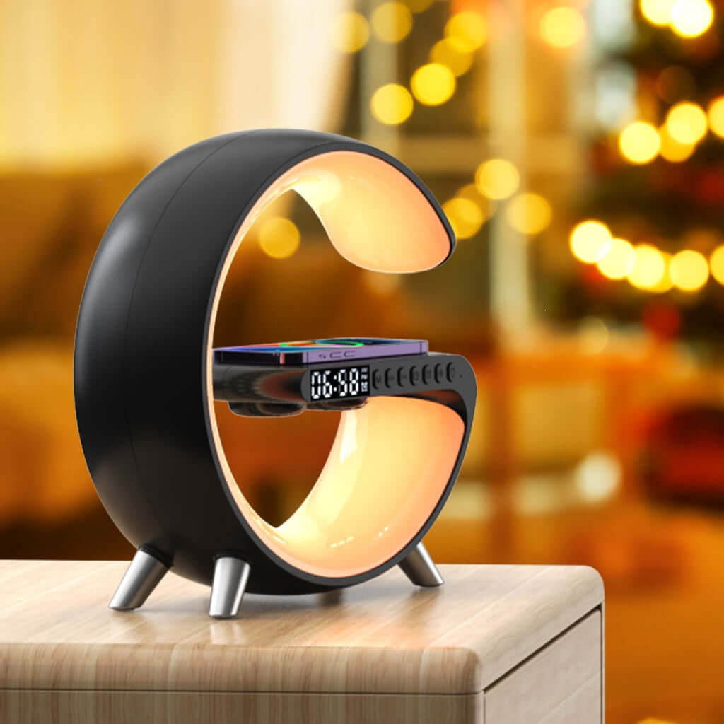 Intelligent G Night Lamp with ambient RGB lighting, wireless charging, and Bluetooth speaker on LuxusHeim