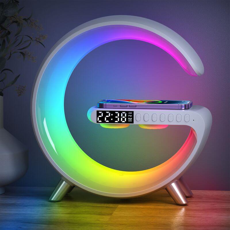 Intelligent G Night Lamp with ambient RGB lighting, wireless charging, and Bluetooth speaker on LuxusHeim