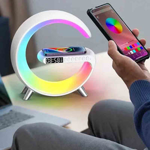 Intelligent G Night Lamp with ambient RGB lighting, wireless charging, and Bluetooth speaker on LuxusHeim