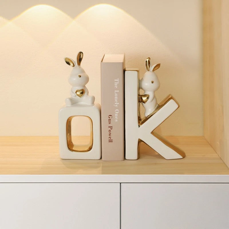Luxury Bunny Bookends – Decorative Ceramic Book Holder for Shelves & Desks
