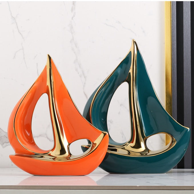 Luxury Ceramic Sailboat Decor – Nautical Themed Home Ornament | Modern Sailing Ship Statue