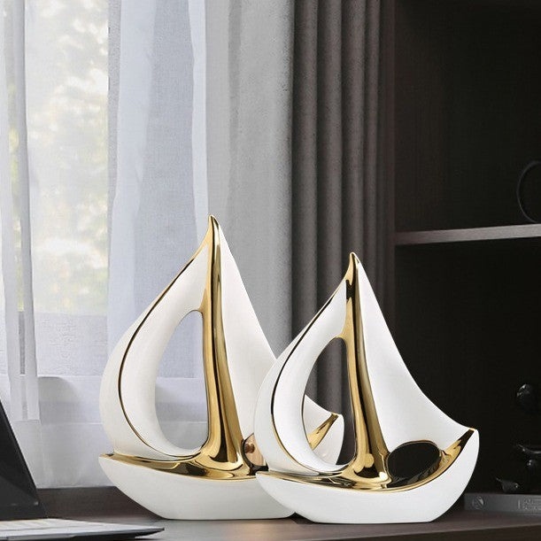 Luxury Ceramic Sailboat Decor – Nautical Themed Home Ornament | Modern Sailing Ship Statue