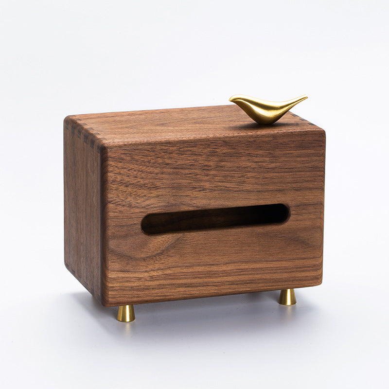 Luxury Walnut Tissue Box with Brass Bird – Elegant Handmade Wooden Napkin Holder