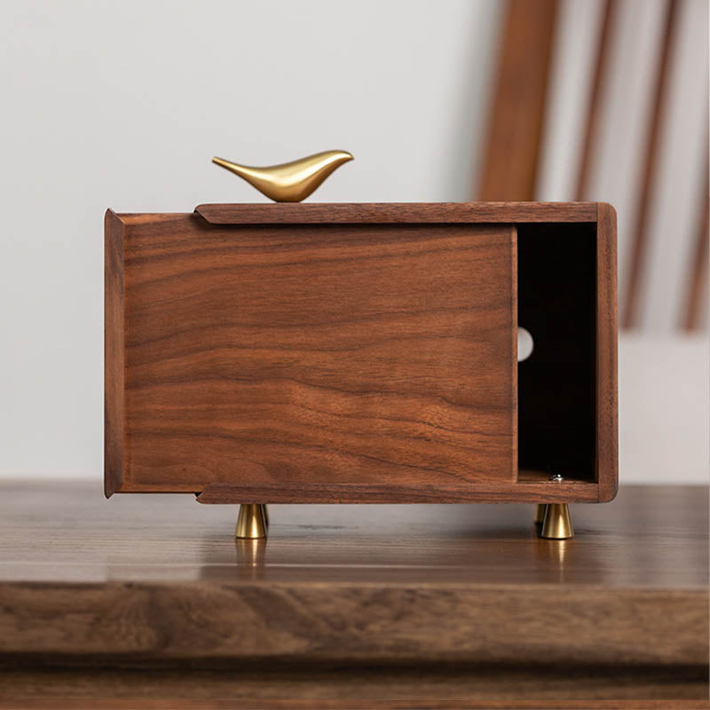 Luxury Walnut Tissue Box with Brass Bird – Elegant Handmade Wooden Napkin Holder