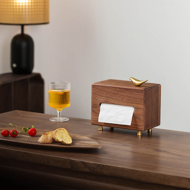 Luxury Walnut Tissue Box with Brass Bird – Elegant Handmade Wooden Napkin Holder