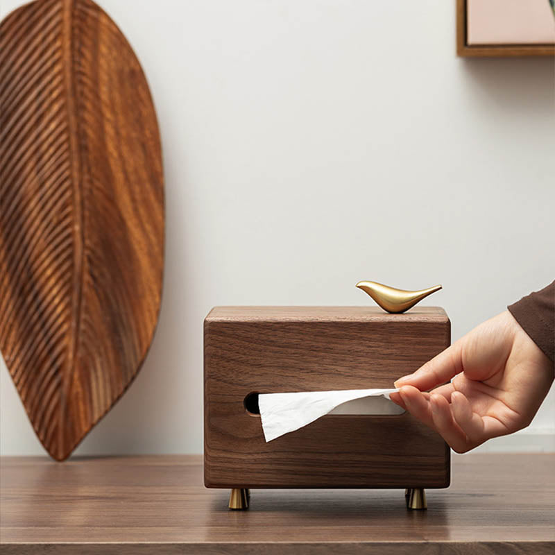 Luxury Walnut Tissue Box with Brass Bird – Elegant Handmade Wooden Napkin Holder