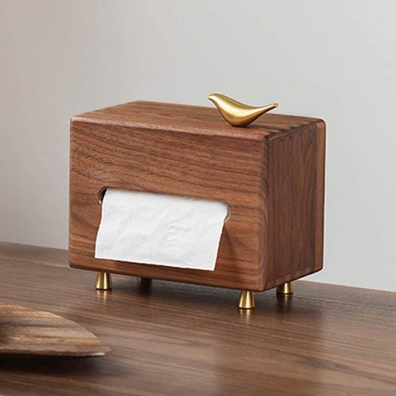 Luxury Walnut Tissue Box with Brass Bird – Elegant Handmade Wooden Napkin Holder