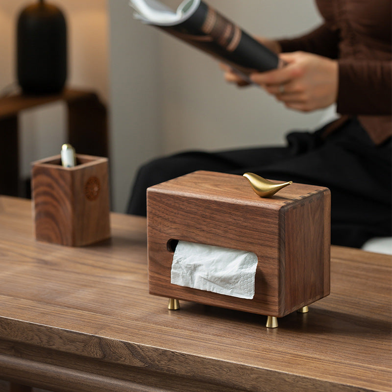 Luxury Walnut Tissue Box with Brass Bird – Elegant Handmade Wooden Napkin Holder