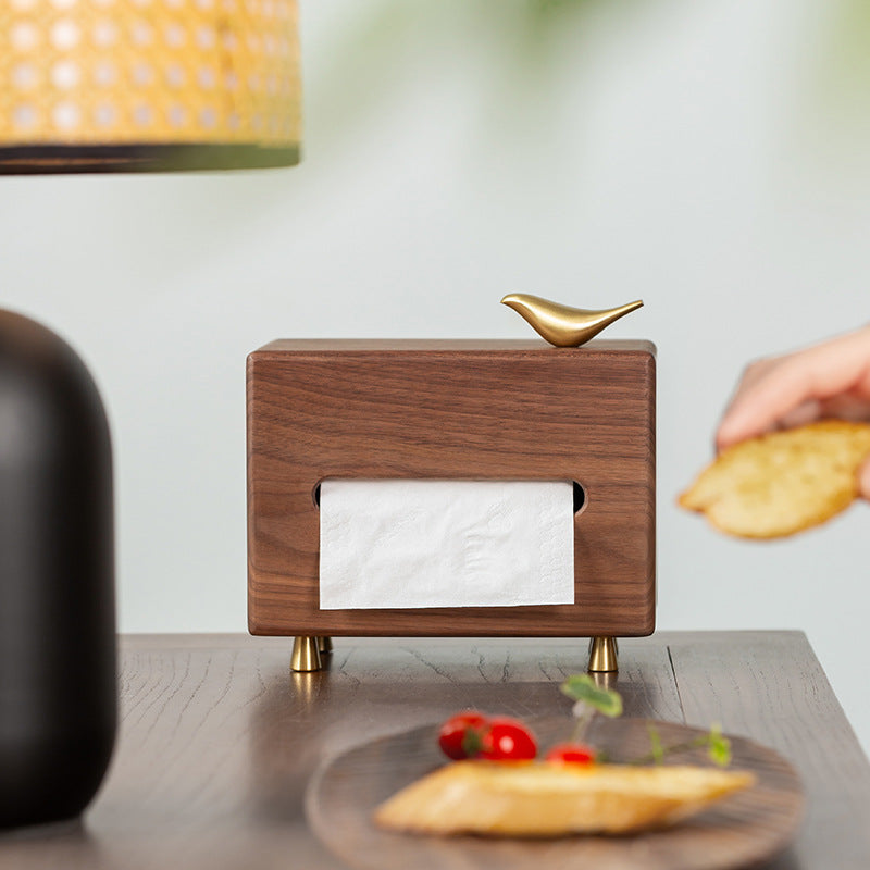 Luxury Walnut Tissue Box with Brass Bird – Elegant Handmade Wooden Napkin Holder