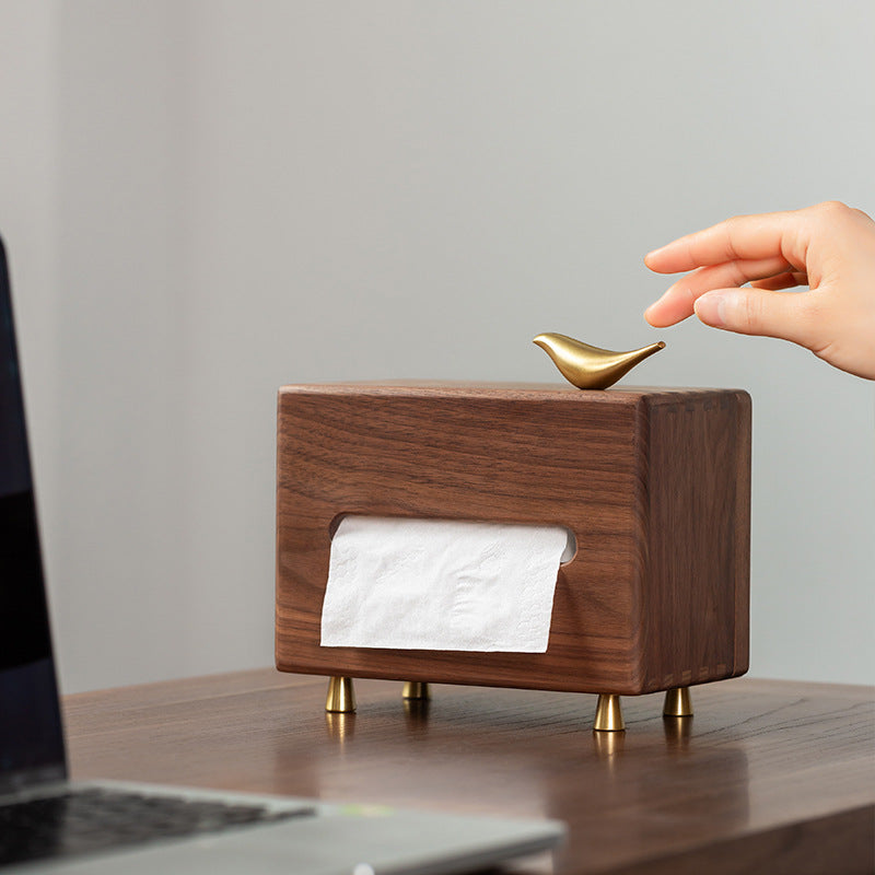 Luxury Walnut Tissue Box with Brass Bird – Elegant Handmade Wooden Napkin Holder