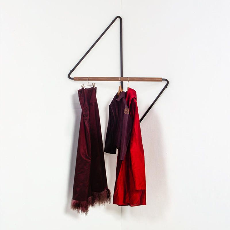 Minimalist Wall-Mounted Clothes Rack – Modern Corner Hanging Rod with Wood & Metal Design