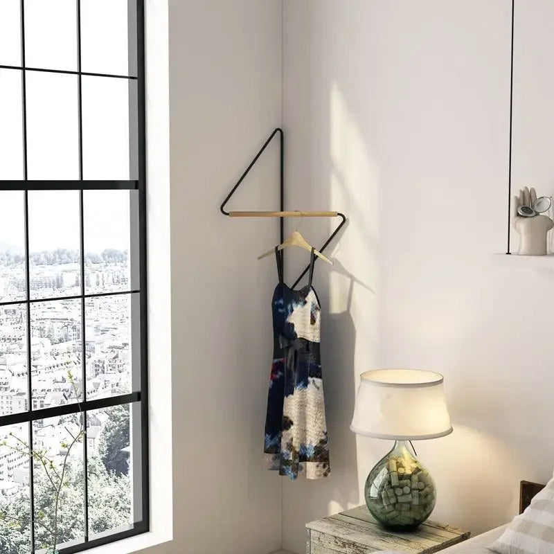 Minimalist Wall-Mounted Clothes Rack – Modern Corner Hanging Rod with Wood & Metal Design