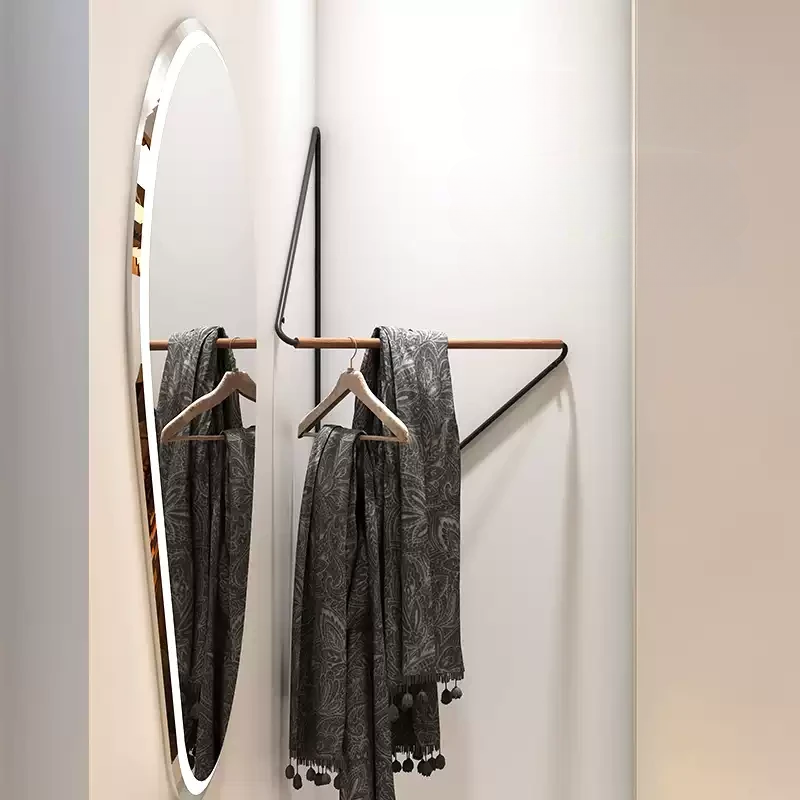 Minimalist Wall-Mounted Clothes Rack – Modern Corner Hanging Rod with Wood & Metal Design