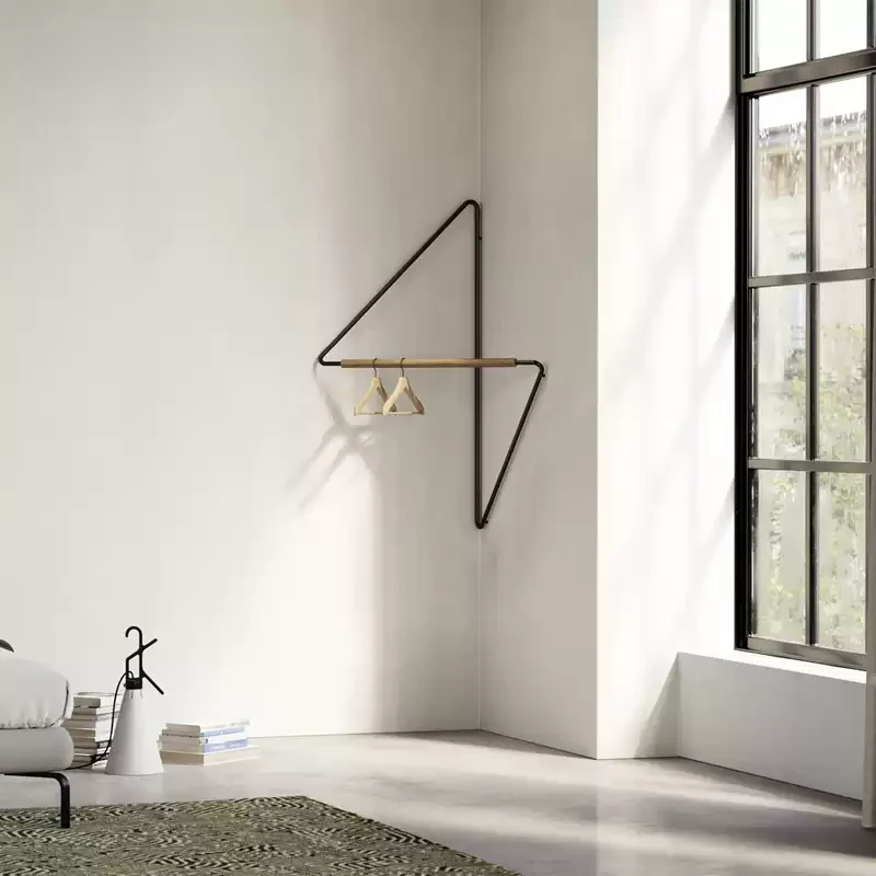 Minimalist Wall-Mounted Clothes Rack – Modern Corner Hanging Rod with Wood &amp; Metal Design