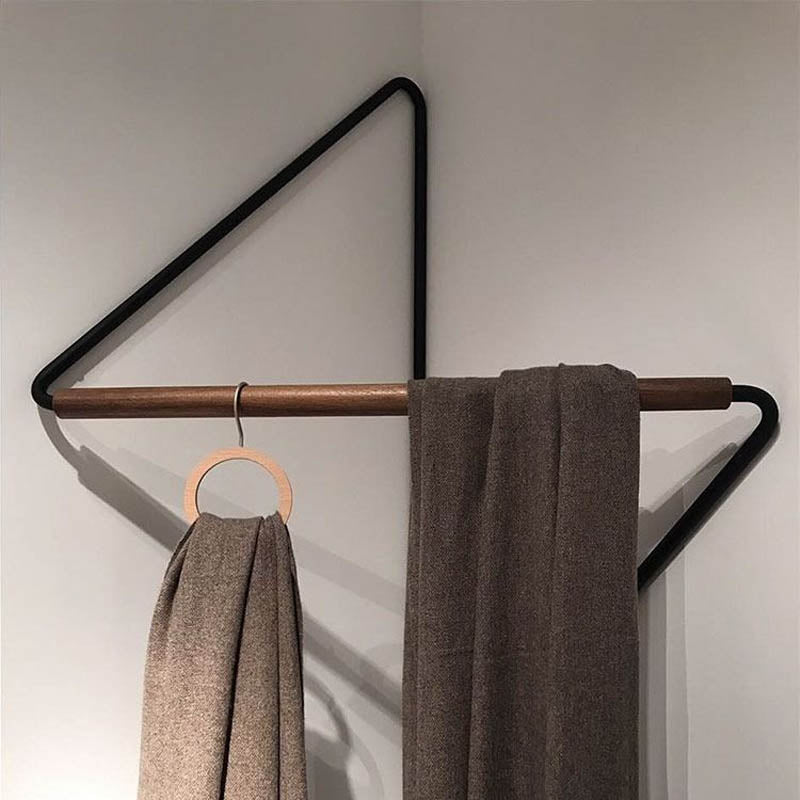 Minimalist Wall-Mounted Clothes Rack – Modern Corner Hanging Rod with Wood & Metal Design