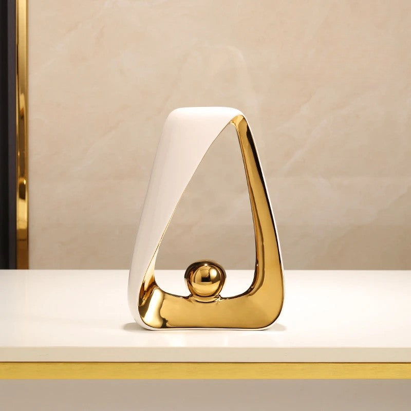 Modern Abstract Ceramic & Gold Sculpture – Geometric Home Decor Art for Luxury Interiors