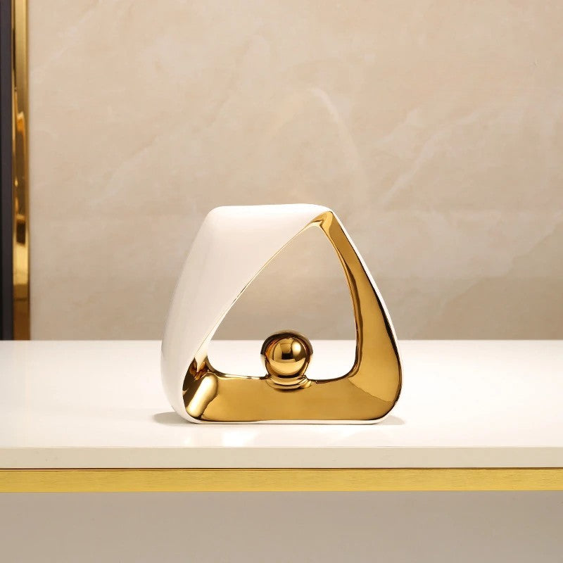 Modern Abstract Ceramic & Gold Sculpture – Geometric Home Decor Art for Luxury Interiors