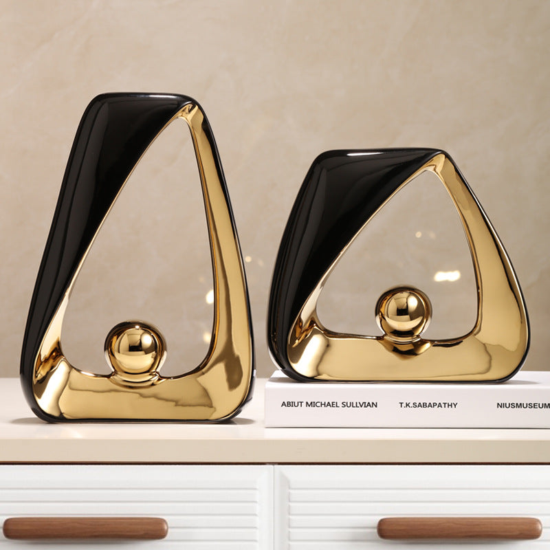 Modern Abstract Ceramic & Gold Sculpture – Geometric Home Decor Art for Luxury Interiors