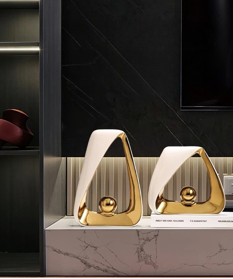 Modern Abstract Ceramic & Gold Sculpture – Geometric Home Decor Art for Luxury Interiors