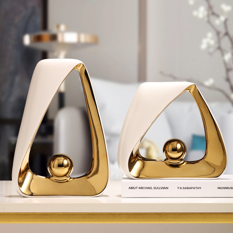 Modern Abstract Ceramic & Gold Sculpture – Geometric Home Decor Art for Luxury Interiors
