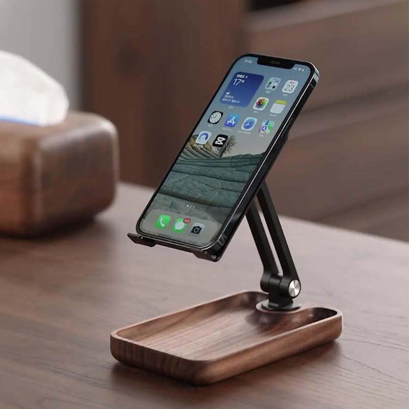 Premium Adjustable Wooden Phone & Tablet Stand with Storage Tray – Foldable Holder for Desk & Nightstand