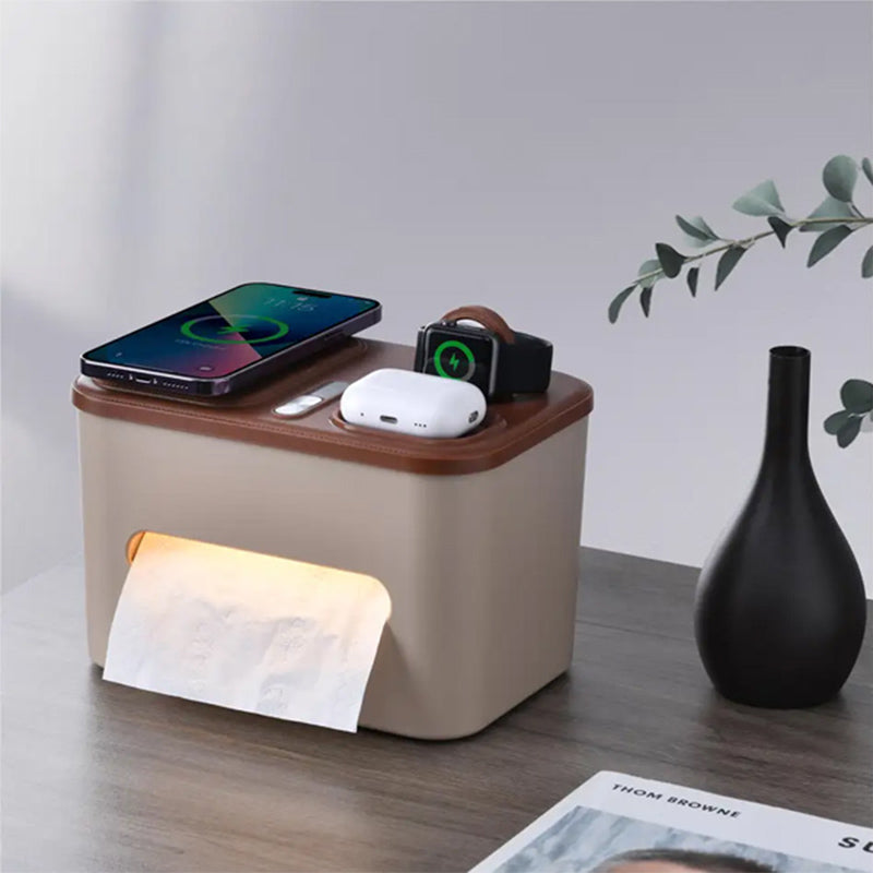 Smart Night Light Tissue Box with 3-in-1 Wireless Charger – Multifunctional Desk Organizer