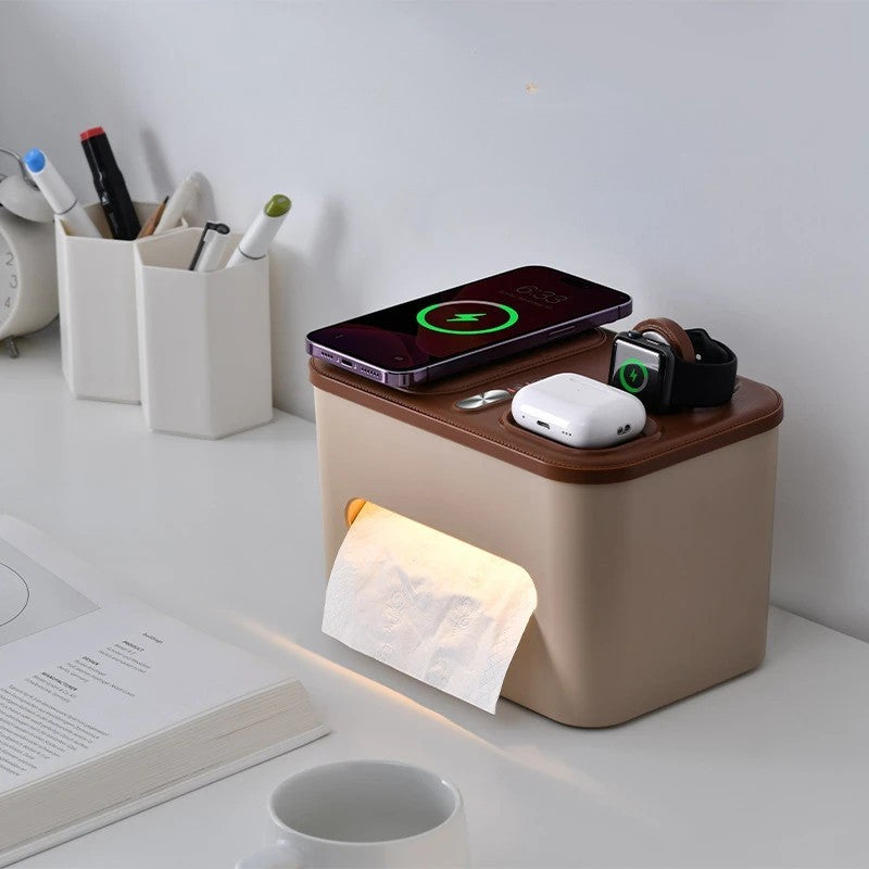 Smart Night Light Tissue Box with 3-in-1 Wireless Charger – Multifunctional Desk Organizer