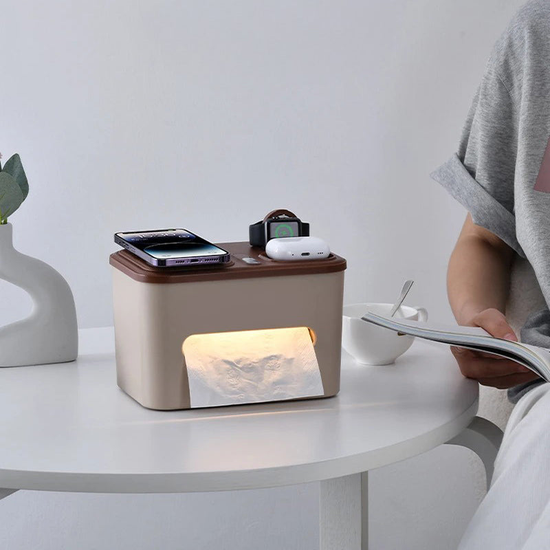 Smart Night Light Tissue Box with 3-in-1 Wireless Charger – Multifunctional Desk Organizer