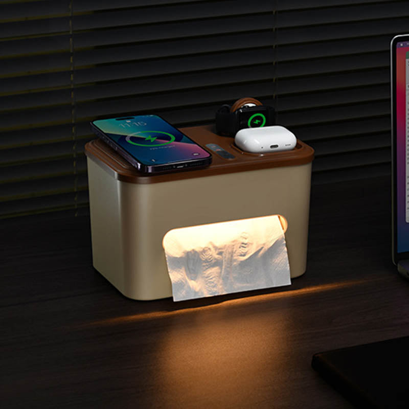 Smart Night Light Tissue Box with 3-in-1 Wireless Charger – Multifunctional Desk Organizer