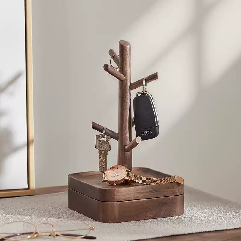 Wooden Jewelry and Key Holder Stand with Hidden Storage – Walnut Wood Desk Organizer