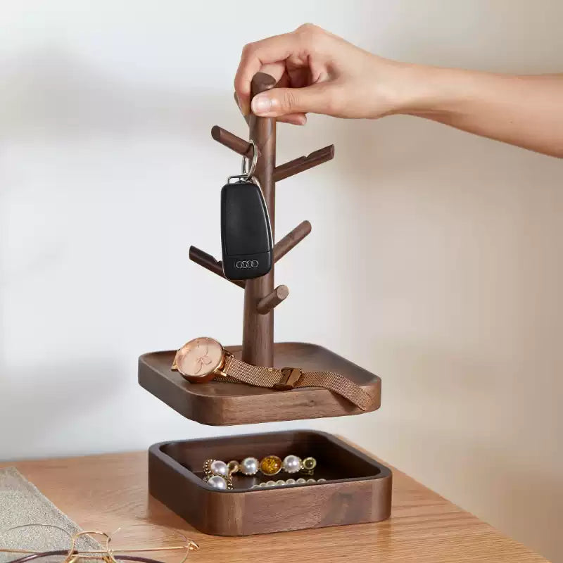 Wooden Jewelry and Key Holder Stand with Hidden Storage – Walnut Wood Desk Organizer