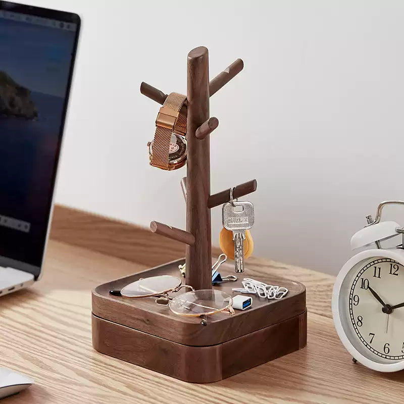 Wooden Jewelry and Key Holder Stand with Hidden Storage – Walnut Wood Desk Organizer