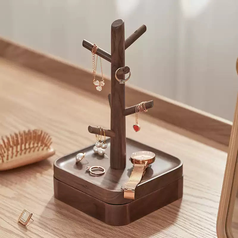 Wooden Jewelry and Key Holder Stand with Hidden Storage – Walnut Wood Desk Organizer