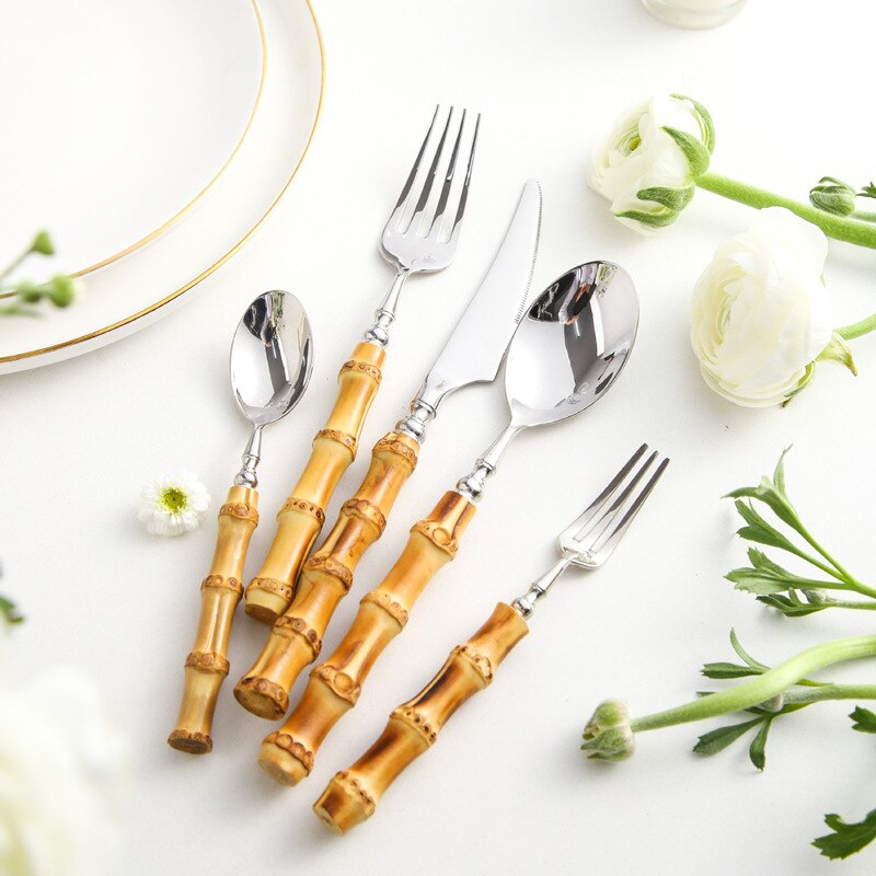 A set of eco-friendly bamboo and stainless steel cutlery