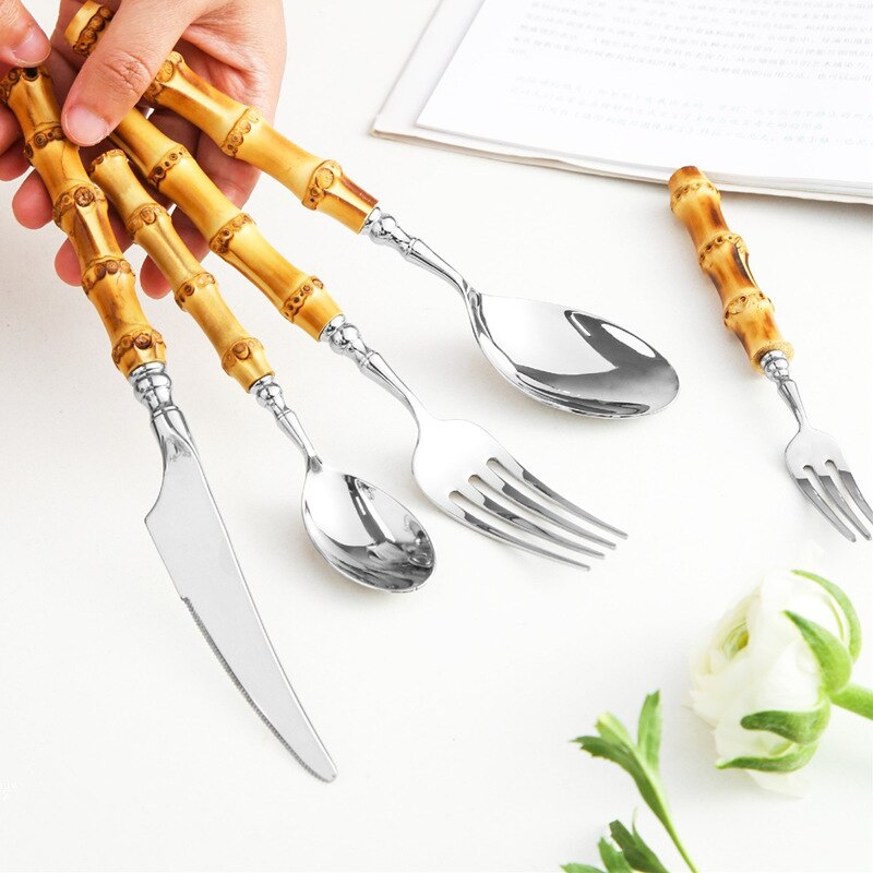 A set of eco-friendly bamboo and stainless steel cutlery