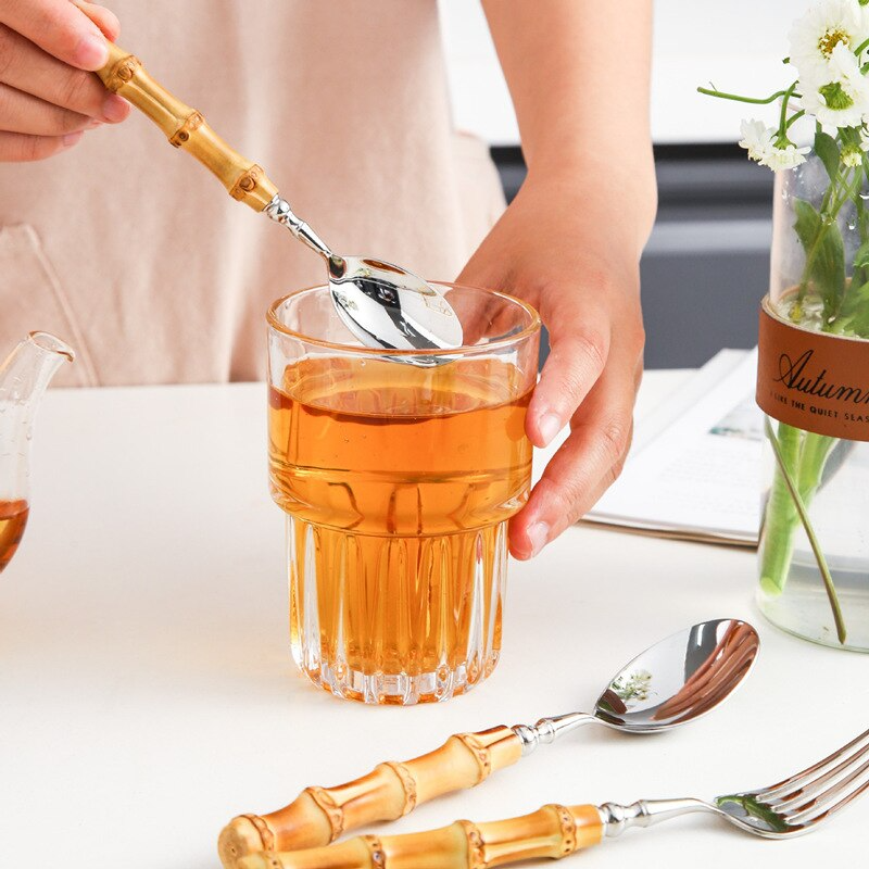 A set of eco-friendly bamboo and stainless steel cutlery