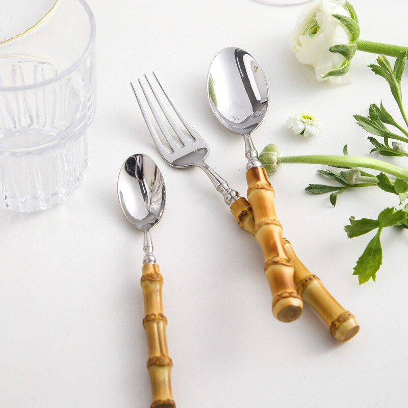 A set of eco-friendly bamboo and stainless steel cutlery