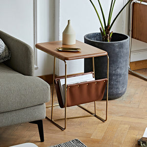Stylish Elegant Magazine Holder Side Table in Walnut Finish with Leather Magazine Holder - Luxus Heim