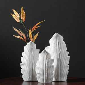 Banana Leaf White Ceramic Vases with Elegant Finish - Luxus Heim