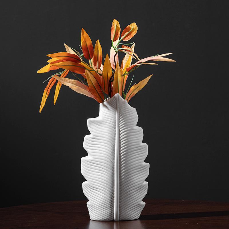 Banana Leaf White Ceramic Vases with Elegant Finish - Luxus Heim