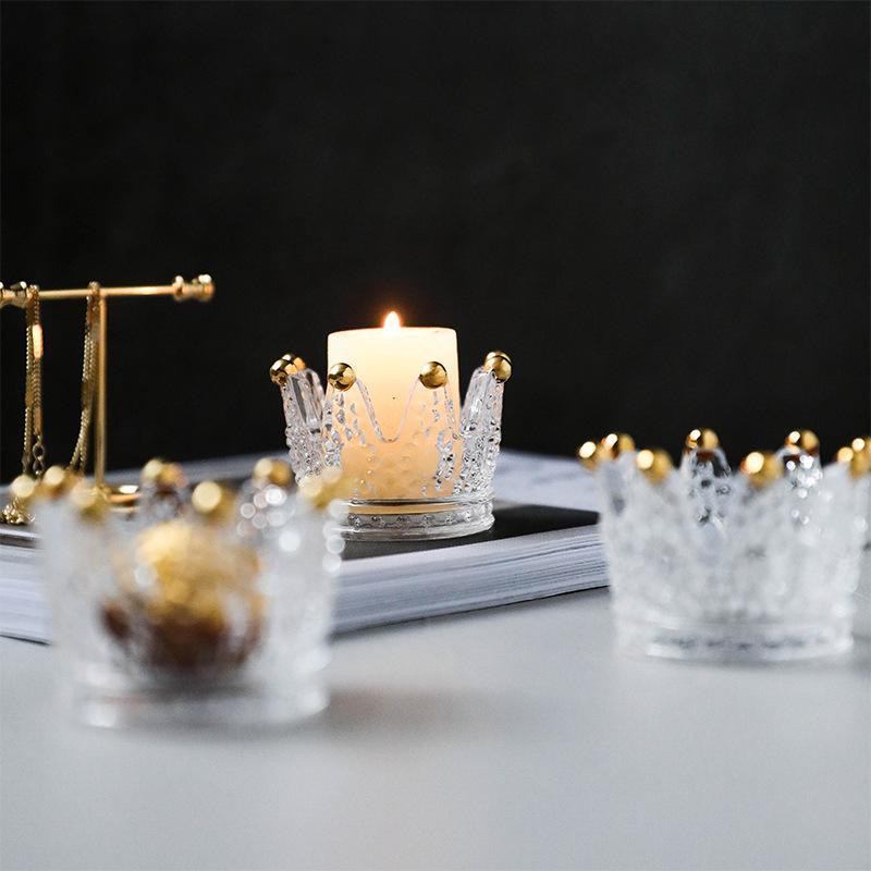 Crown Glass Candle Holder with Golden Crown Design - Luxus Heim