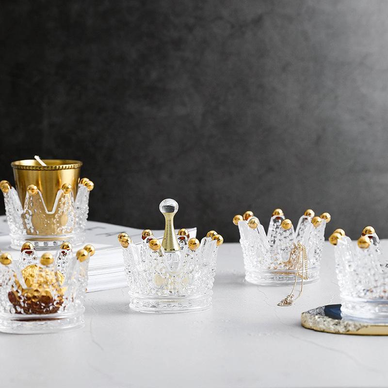 Crown Glass Candle Holder with Golden Crown Design - Luxus Heim