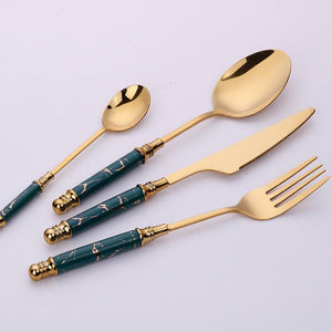 Emerald Essence Cutlery Set with Marble Handles
