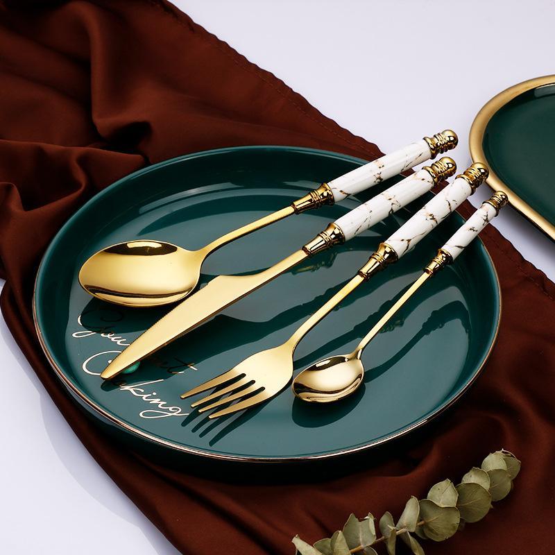 Emerald Essence Cutlery Set with Marble Handles